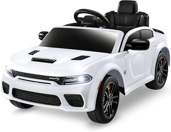 12V 7Ah Kids Electric Ride on Car, Licensed Dodge Charger SRT Hellcat, Battery Powered 4-Wheels Toy Car Electric Vehicle for Kids with Remote Control, 3 Speeds, LED Lights, Music (White)