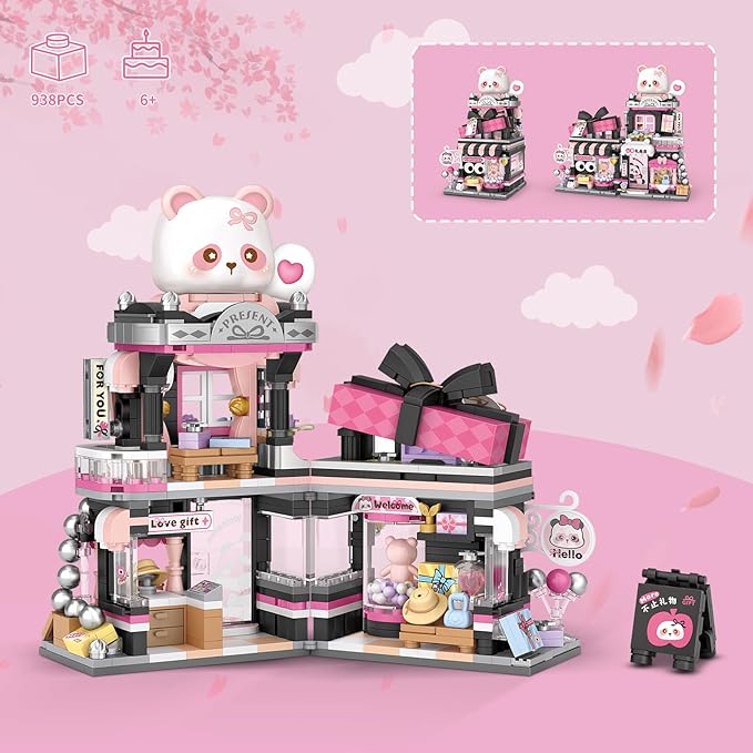 Street View Gift Shop Mini Building Blocks, MOC Creative Building Toys Cute Panda Animals Building Set for Girls 6-12, Simulation Architecture Construction Toy, Gift Idea for Kids Adults (938 PCS)