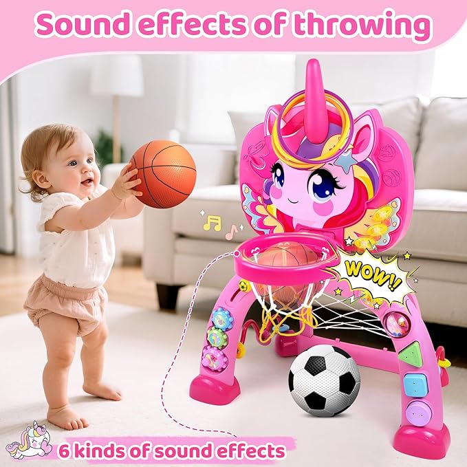 Marstone Toys for 1 Year Old Girl Gifts: Toddler Basketball Hoop and Soccer Goal with Sound and Music, Educational Sport Toys for Kids 1-3, 1st First 12-18 Month Birthday, Christmas, Xmas Present Gift