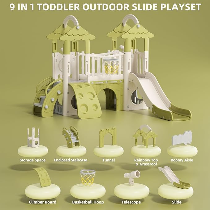 XJD 9 in 1 Toddler Slide, Jungle Slide with Basketball Hoop, Tunnel and Storage Space, Outdoor Indoor for Toddlers Age 1+,Tree House Design Toddlers Outdoor Indoor Playground (Green)
