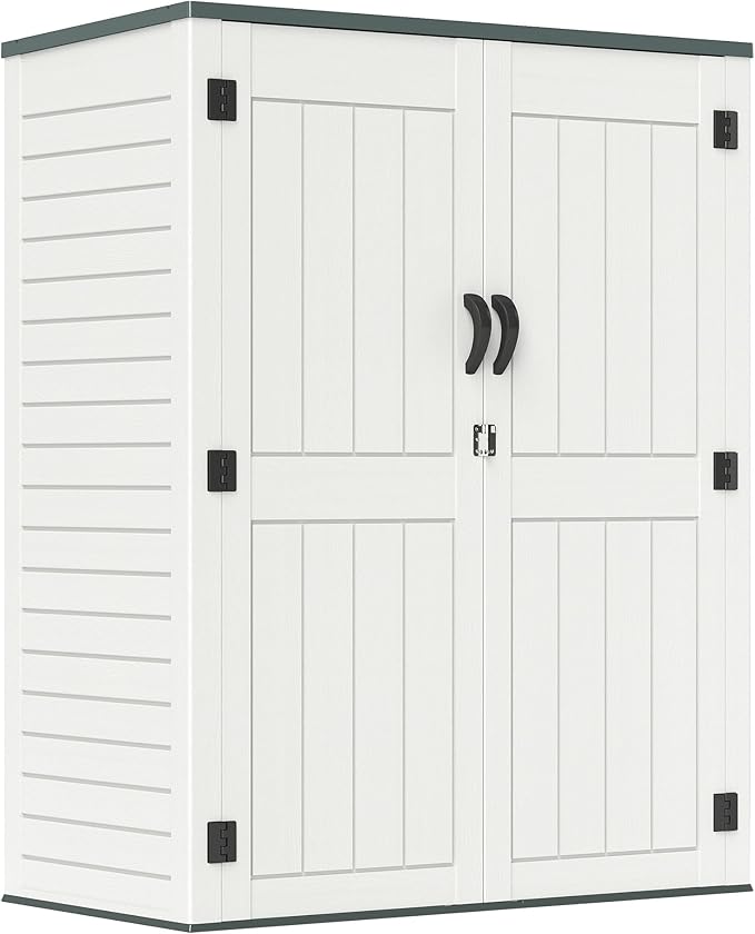 4.5 x 5.7 FT Outdoor Storage Shed, 59 Cuft Outside Waterproof Storage Cabinet, HDPE Resin Plastic 385 Gallon Outdoor Storage Container, Vertical Lockable Storage Shed, Light Grey