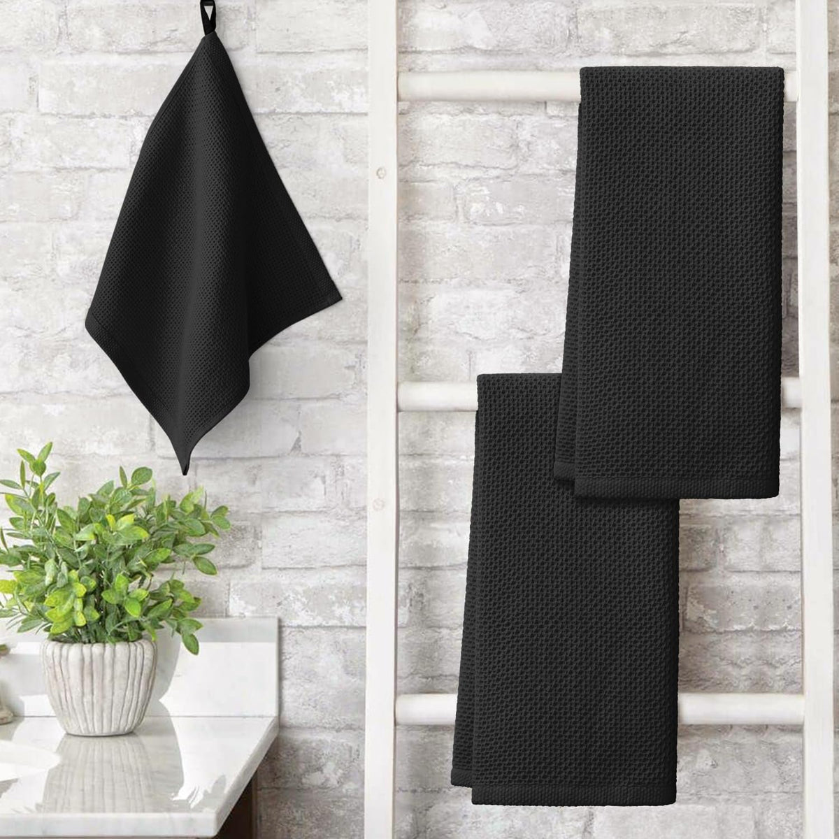 Artoid Mode 100% Cotton Black Waffle Weave Kitchen Dish Cloths, 13x28 Inch Ultra Soft Absorbent Quick Drying Kitchen Dish Towels Set of 4