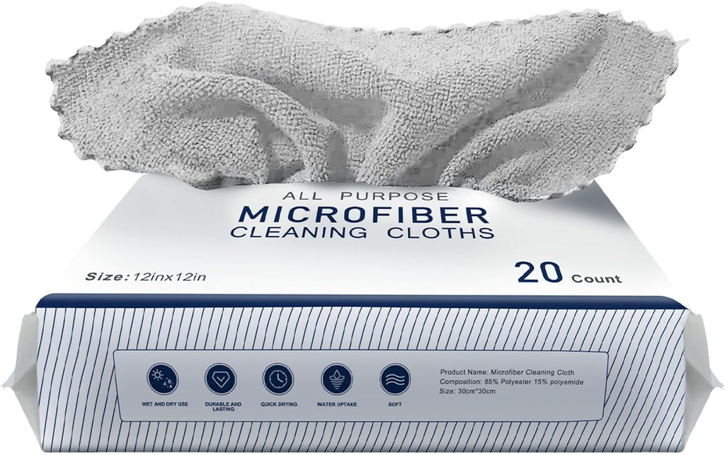 20Pack Microfiber Cleaning Cloth in Bag,Multi-Purpose Reusable Cleaning Wipes Rags,Lint Free,Scratch & Streak-Free Cloth for Car,Small Microfiber Towels for House Wash,12" x 12" (LightGrey)