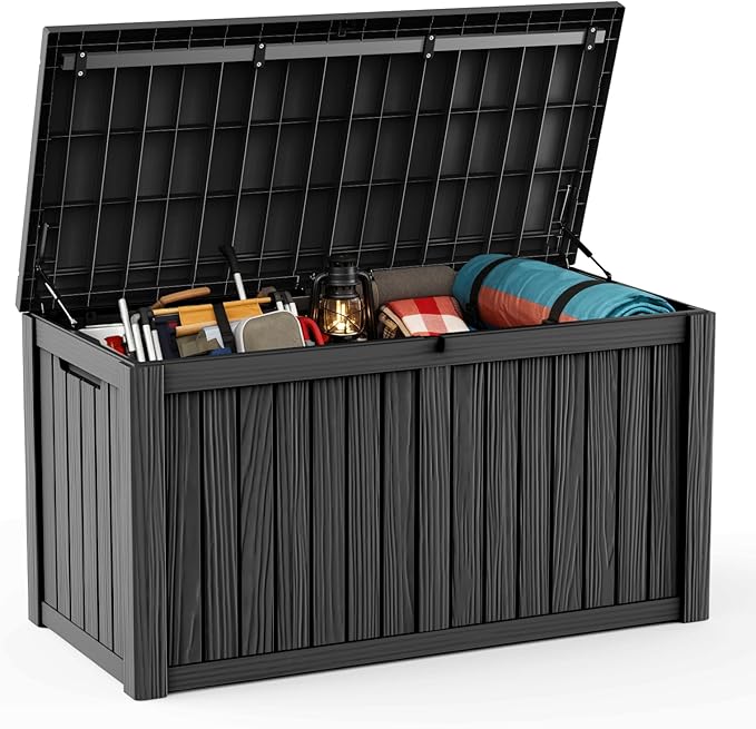 DRATO 150 Gallon Outdoor Storage Box, Large Waterproof Deck Box, Lockable Resin Storage Container with Reinforced Support for Patio Cushions, Garden Tools, UV-Resistant Outdoor Chest（Black）