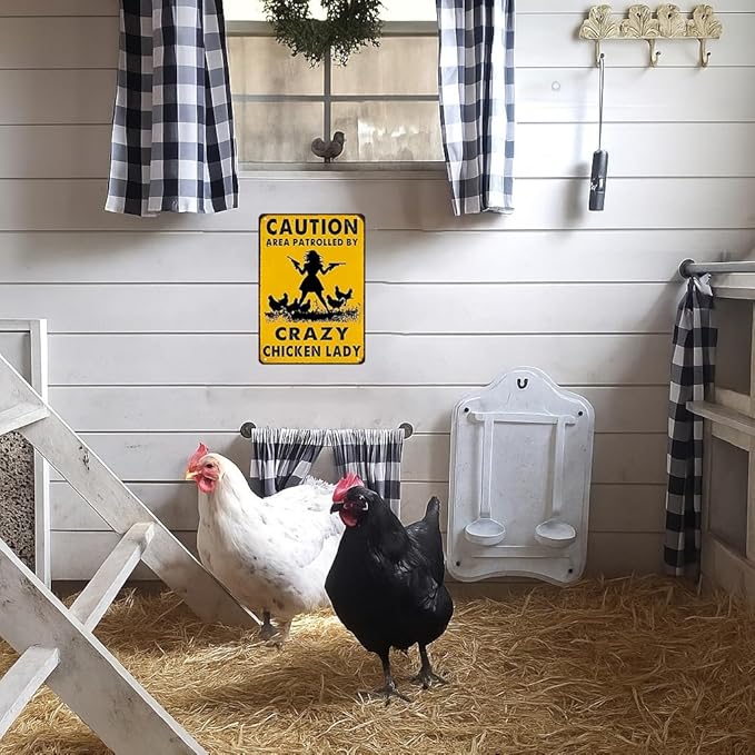 Funny Chicken Gifts Caution Area Patrolled By A Crazy Chicken Lady Tin Sign for Home Farm Chicken Coop Farmhouse Kicthen Garden Decor 8 X 12 Inch (3620)