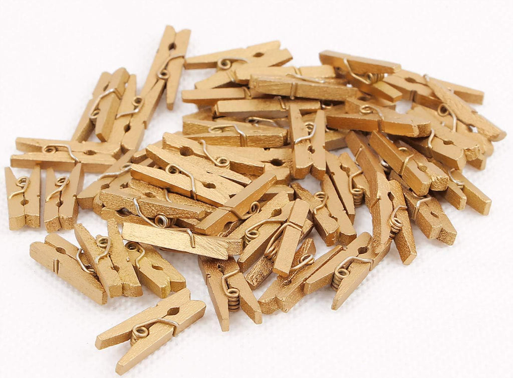 DurReus Small Wooden Clips Cute 1.5 Inch Clothespin Photo Paper DIY Craft Holder with Jute Twine Gold Pack 50