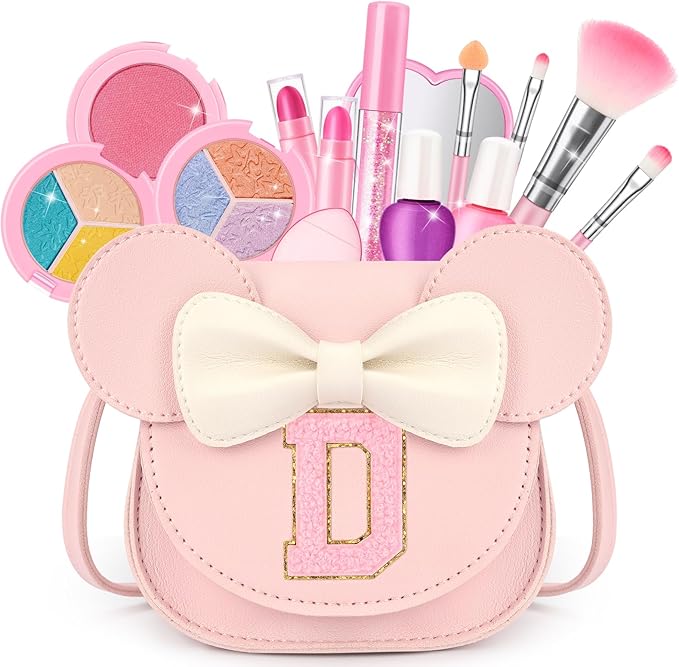 Kids Makeup Kit for Girls - 15 Pcs Real Washable Make Up Set - Non Toxic Toddlers Cosmetic with Letter Mouse Ear Purse - Dress up Birthday Gifts for 3 4 5 6 7 8 Years Old Girls - D