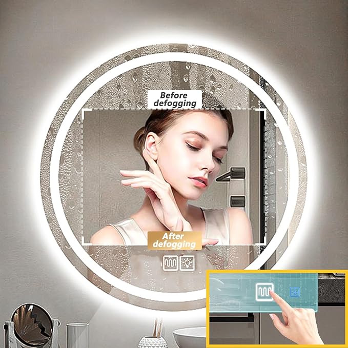 Wall Mirror for Bathroom, Wall Mounted Multifunction Bathroom Vanity Mirror with LED Lights and Demister Pad, 3-Color Dimmable LED Light, for Living Room and Bathroom(A,90cm/35.4in)