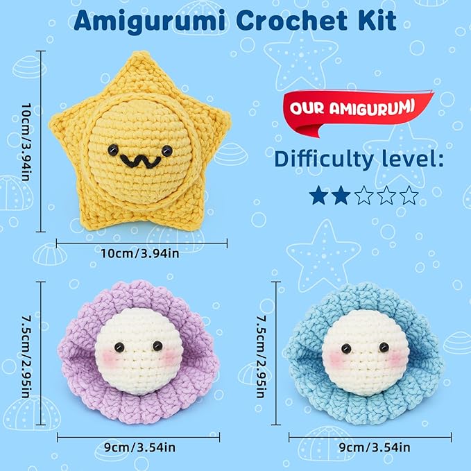 WaldyWop Crochet Kit for Beginners – 3PCS Ocean Friends Wobbles Crochet Animal Kit for Adults & Kids 8-12 – DIY Stress Relief Ball w/ 40% Extra Yarn, Easy Video & Instructions – Gift for Girls & Women
