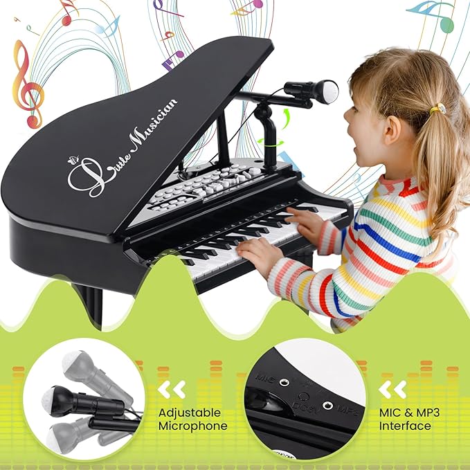 HONEY JOY Classical Kids Mini Grand Piano w/ Music Stand & Stool, Portable Electronic Piano Educational Musical Instrument Toy w/ Microphone, Lights, Gift for Kids (Black, 37 Keys)