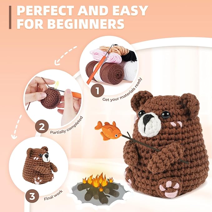 MOREJMTT Crochet Kit for Beginners, Learn to Crochet, Include Easy Knitting Soft Yarn, Step-by-Step Video Tutorial, Hook, Holiday Birthday Gift for Adults and Kids(Polar & Brown Bears)