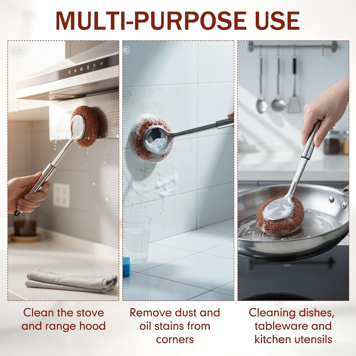 5 Pcs Copper Coated Scourers Copper Scrubbing Pads Scouring Pads 1 PC Steel Wool Scrubber Dish Brush Set with Handle Deep Cleaning Scrubber Silver for Kitchen Cleaning Dishes Pots Pans