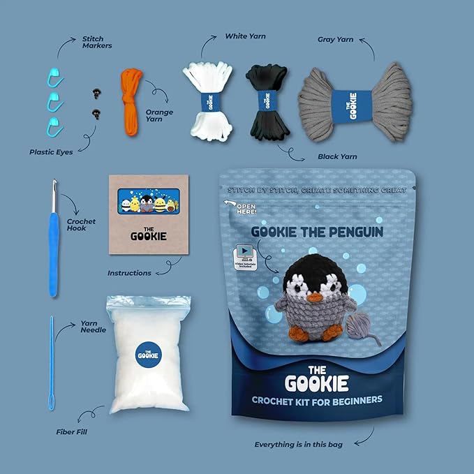 The Gookie Amigurumi Crochet Kit for Beginners – DIY Crochet Kit with Yarn, Hook, Eyes & Stuffing – Easy Starter Set with Video Tutorials – Cute Plush Toy Craft Gift for Kids, Teens & Adults (Penguin)