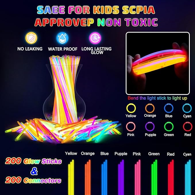 200 Pcs Glow Sticks Bulk Party Pack, 8'' Glow in the Dark Party Supplies, Glow in the Dark Light Up Sticks with Connectors, Party Favors for Birthday, Concert, Raves, Halloween, Christmas