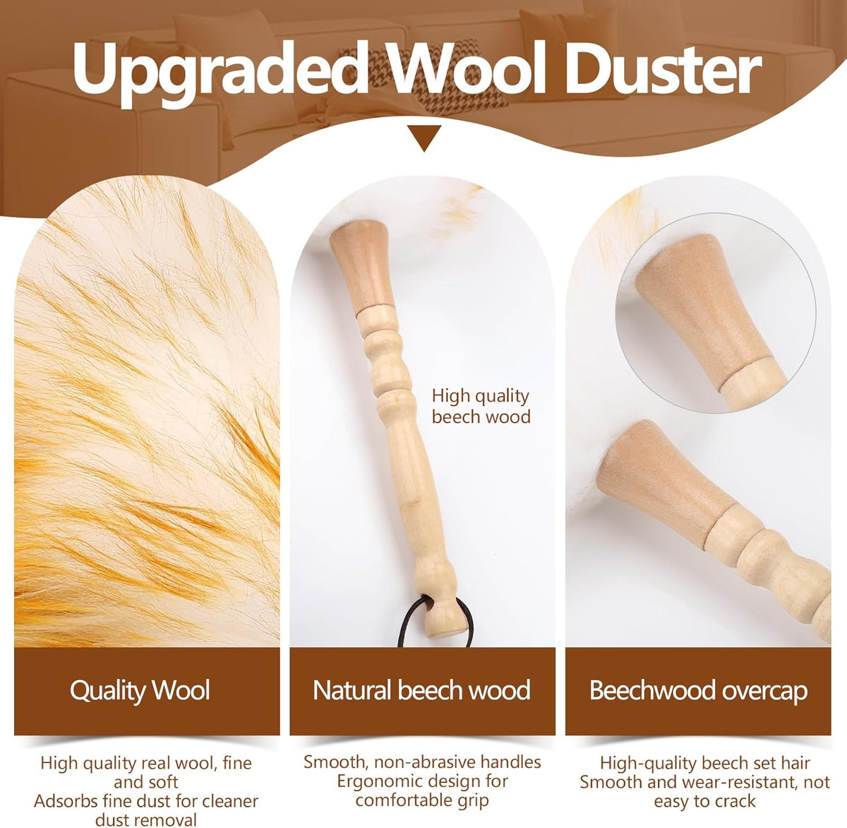 Lambswool Duster for Cleaning with Solid Wooden Handle Leather Hang Strap 19.6 inch Natural Feather Duster for Cleaning Ceiling Fans Window Blinds Computer Furniture(2 Pack)