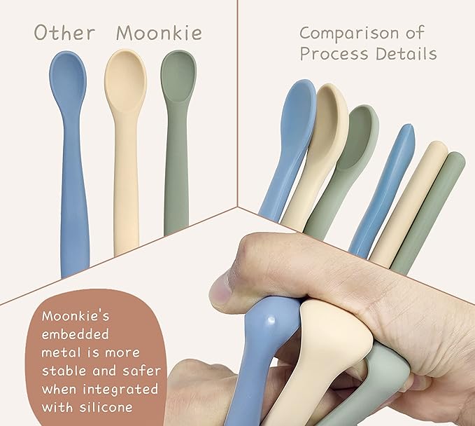 Moonkie Silicone Baby Spoons Set of 4, Two Sizes Feeding Spoon for First Stage 4+ Months, Baby Utensils, Toddler Led Weaning Spoons, Bendable, Chewproof & Boil-proof(Without Case)