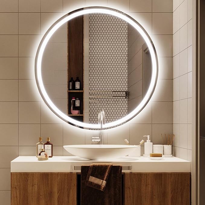 Bathroom Mirror with LED Lights, Wall Mounted Round Mirror, Mirror for Wall with Touch, 3 Colour and Demister Pad, IP44 Dimmable Bathroom Vanity Mirror(A,35.4"/90cm)
