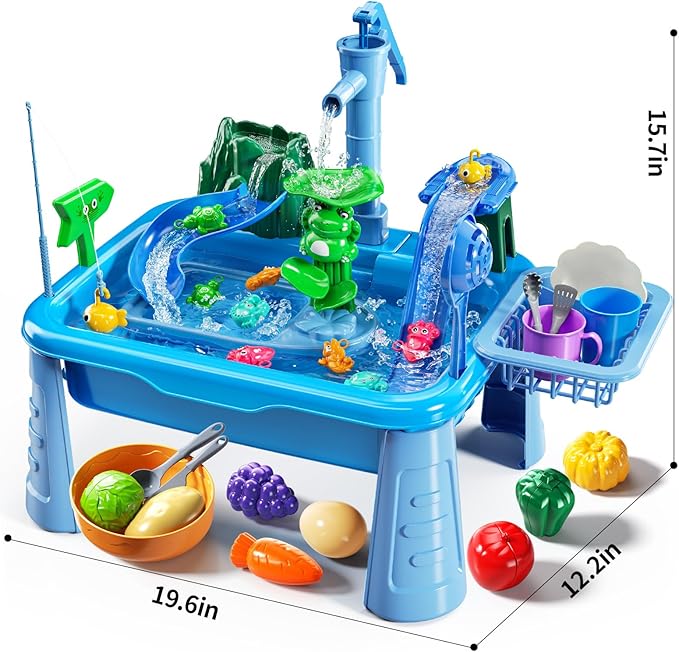 Water Table Play Sink Toy for Kids 2 3 4 5 6 Years Old - Outdoor Kitchen with Running Water, Fishing Games, Toddler Water Play Table for Kids Ages 3-8, Beach Outdoor Toys, Summer Gifts