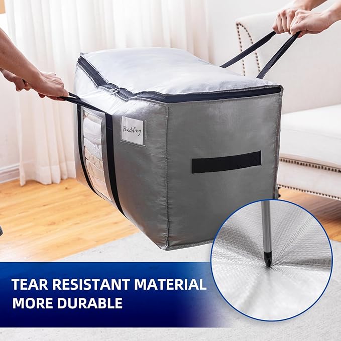 TAILI Extra Large Moving Bags, 2 Pack Silver Heavy Duty Totes For Storage with Visible Window, Wrap Around Handles, Storage Bags for Space Saving, Alternative to Moving Boxes