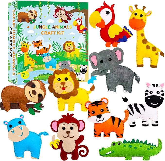 FYXGZZH Kids Beginner Sewing Kit – DIY Stuffed Craft Set with Pre-Cut Felt, Plastic Needle & Embroidery Thread, Educational Arts & Crafts for Boys & Girls Ages 6-12, Jungle Animal