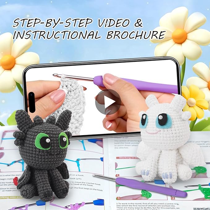 Crochet Kit for Beginners,Beginner Crocheting Animals Kits w Step-by-Step Video Tutorials, Knitting Starter Pack for Adults and Kids,2 Pack Dragon