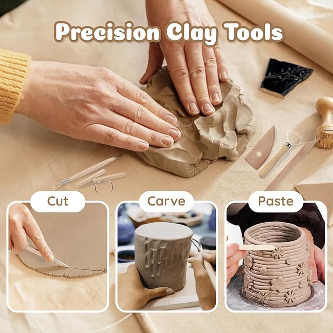 Air Dry Clay for Adults - Pottery kit for Beginne,Air Dry Clay w/Air Dy Clay Tools,White Dry Clay,Sculpting Tools, Gloss Varnish,DIY Plate Making Kit for Arts & Crafts,Christmas Gift