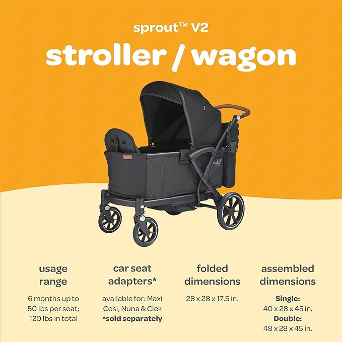Larktale Adjustable Stroller, 2 Seater Kids Wagon, 120 Pound Capacity, Sprout V2, Black