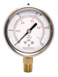 2-1/2" Oil Filled Pressure Gauge - Stainless Steel Case, Brass, 1/4" NPT, Lower Mount Connection, 0-15PSI