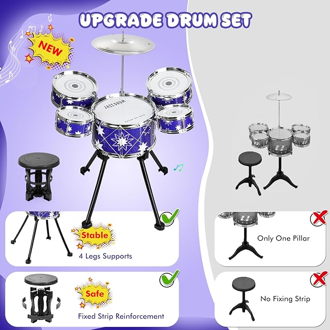 Upgraded Drum Set for Toddler Toy Ages 2-4 Kids Jazz Drums Kit with Stool Musical Instrument Toys for 3 4 5 Year Old Girls Boys Gifts
