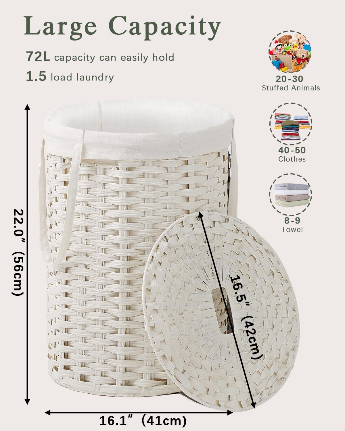 Laundry Hamper with Lid Laundry Basket with Lid 19.0 Gal (72 L) Round Wicker Laundry Basket Handwoven Rattan Basket with Lid Removable Bag 2 Mesh Bags Handles for Living Room Bathroom White