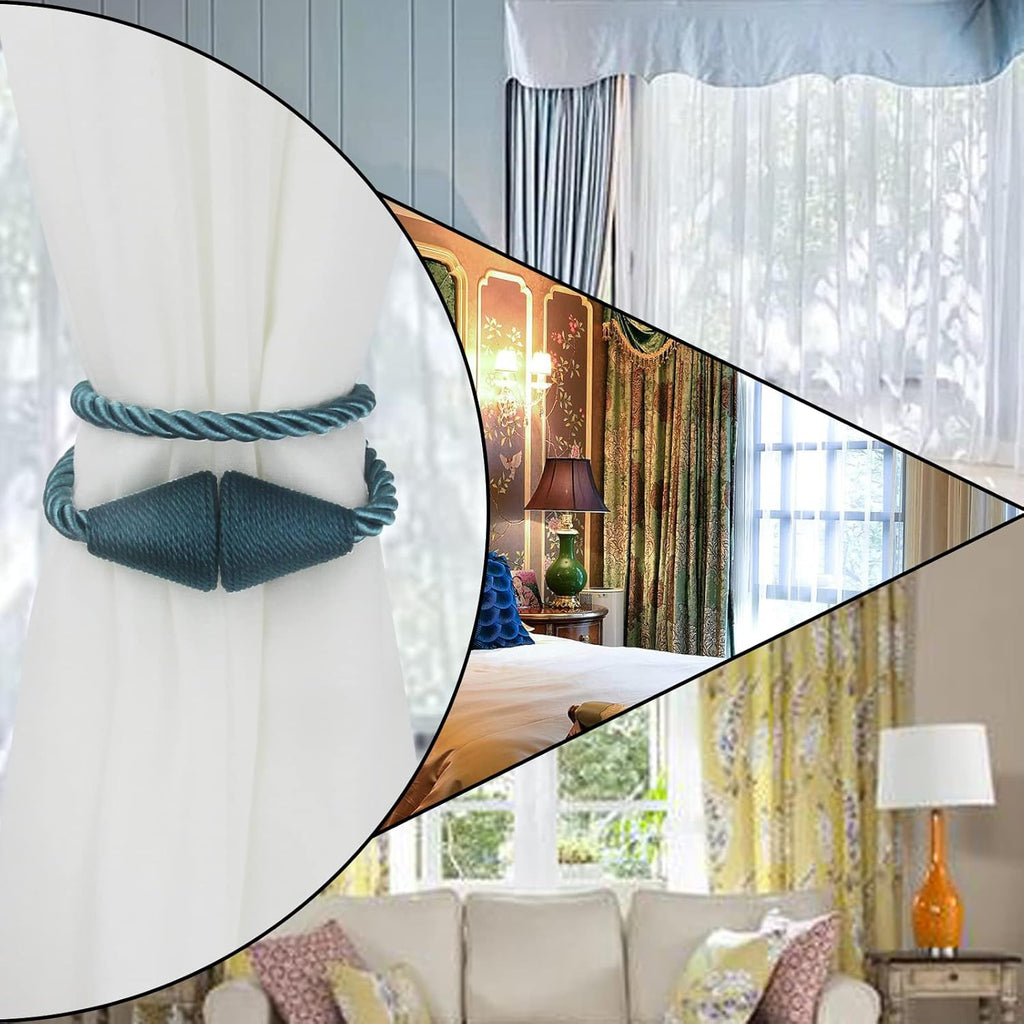 2 Pack Magnetic Curtain Tiebacks Rope Modern Handmade Curtain Tie Backs Decorative Drapes Weave Holdbacks for Window Décor, Blue