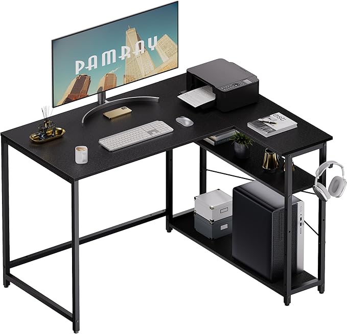 Pamray 43 Inch L Shaped Computer Desk with Reversible Side Storage Shelves, Small Corner Desk for Small Space Home Office,Writing Study Table Gaming PC Desk for Bedroom,Black
