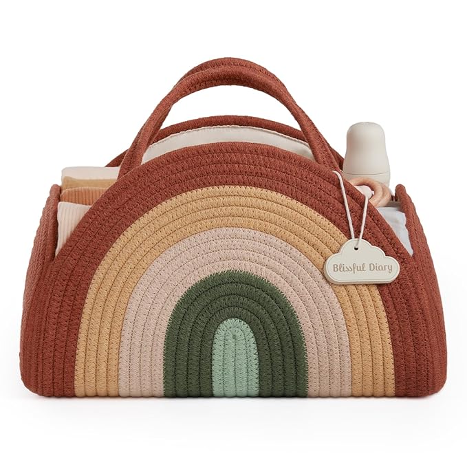Blissful Diary Baby Diaper Caddy Organizer, Cotton Rope Diaper Caddy Basket, Large Storage Basket, Gift for Baby Shower, Newborn Essentials, Rustic Rainbow
