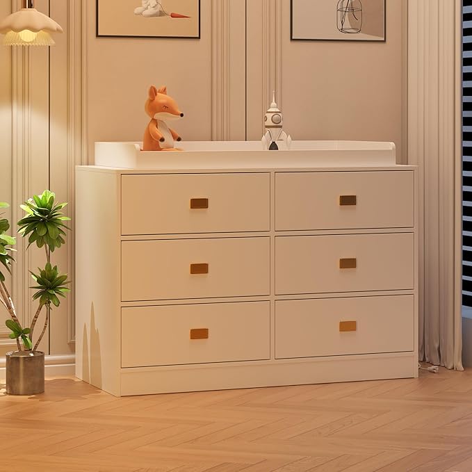 Dresser for Bedroom with 6 Drawers, Changing Table Dresser with Power Outlets, Soft Changing Pad & Removable Top, Baby Dresser with Changing Table Top for Nursery, White
