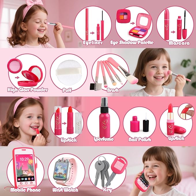 Girl Gift Pretend Makeup for Toddlers 3-5 4-6, Fake Makeup Set with Cat Commetic Case, Play Makeup for Kids Age 3 4 5 Year Old, Toddler Make Up Kit for Little Girls Birthday