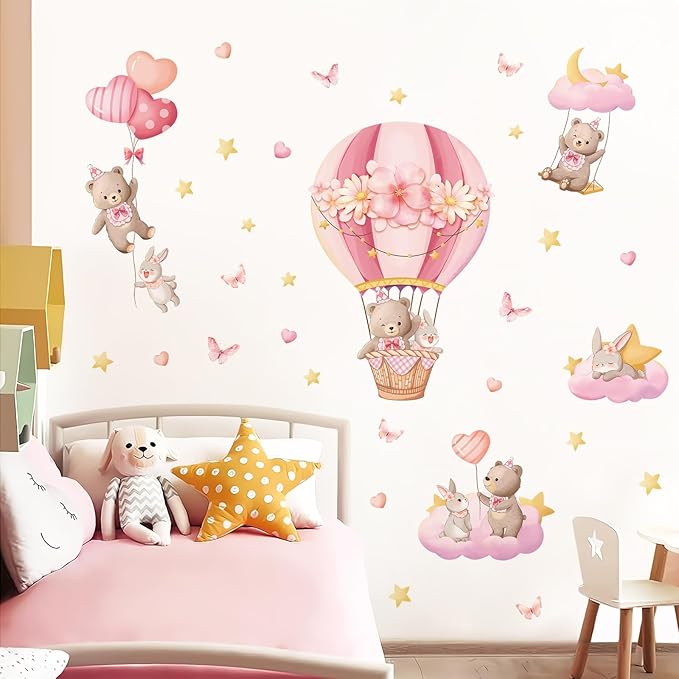 Tanlaby Pink Hot Air Balloon Wall Stickers Cartoon Bear Rabbit Stars Heart Wall Decals Peel and Stick Art Decor for Girls Bedroom Baby Nursery Kids Playroom Classroom