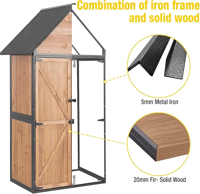 Outdoor Storage Shed,Vertical Wooden Tool Shed with Waterproof Roof,Adjustable 3 Tiers Shelves,Storage Tool Cabinet Box with Metal Frame Sloped Roof for Backyard Garden Patio Lawn (Brown)