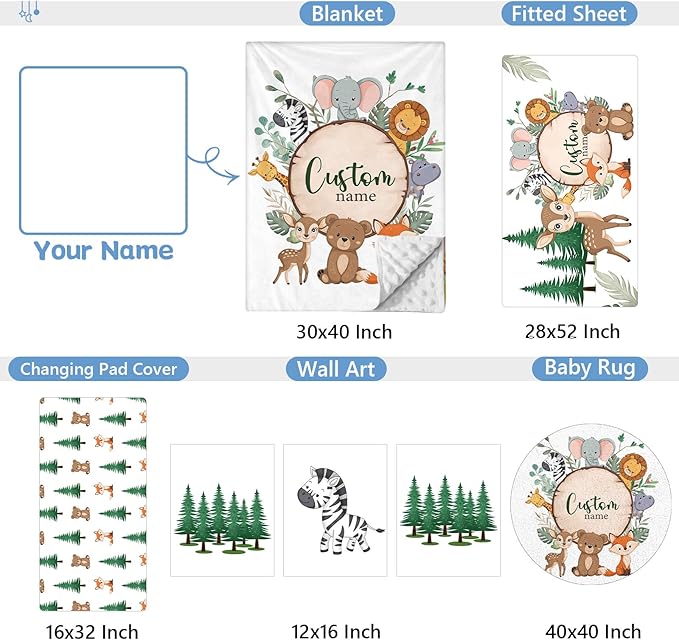 Personalized Baby Crib Bedding Set, 5 Pcs Custom Nursery Bedding Set for Girl Boy, Soft Jungle Animals Crib Set with Name, Double Layer Baby Bedding Crib Set, Toddlers Infants Customized Gift
