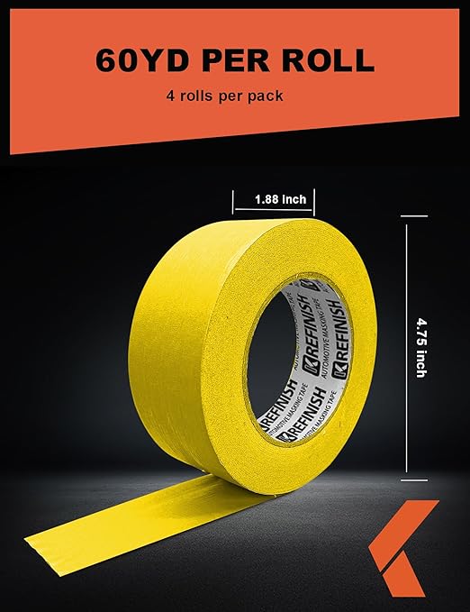Painters Tape for Cars Vehicles Paint Tape Auto Body Yellow Masking Tape Heat Resistant Automotive Removable No Residue Painting Tape Bulk Set for Paint Booth, 1.88in-60 yards/4rolls