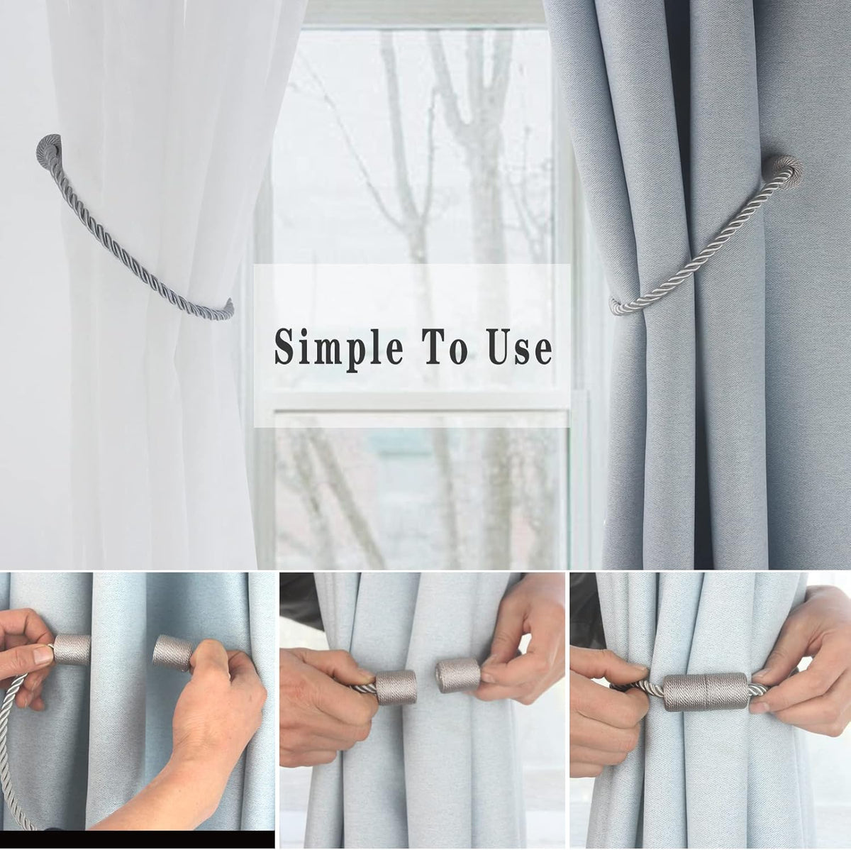 Magnetic Curtain Tiebacks 4 Pack Grey Curtain Rope Tieback Curtain Holders for Drapes Modern Tie Backs Decorative Curtain Holdbacks