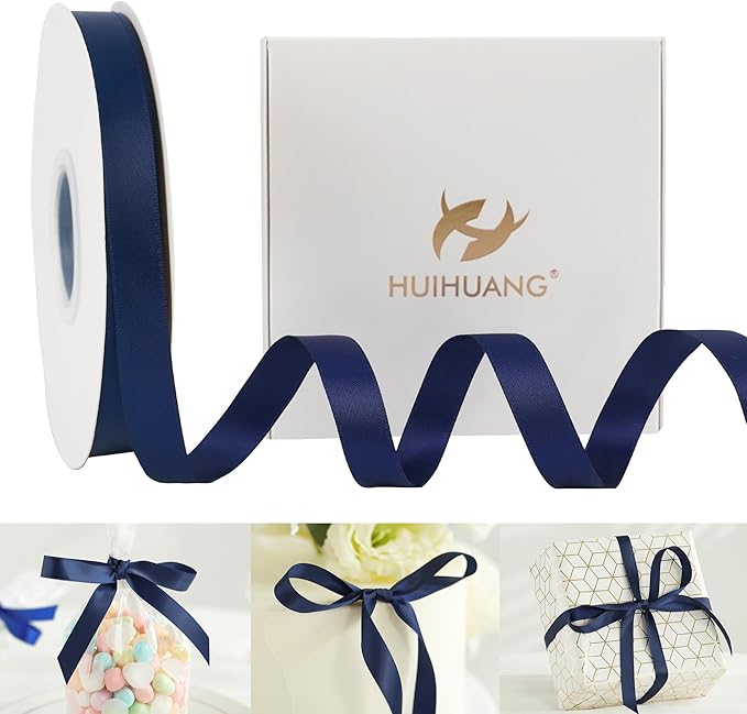 HUIHUANG Navy Satin Ribbon 1/2 inch X 50 Yards Continuous, Navy Blue Double-Faced Satin Ribbon for Gift Wrapping, Bows, DIY Crafts, Flower Bouquet, Wedding Decor, Holiday Party Decor