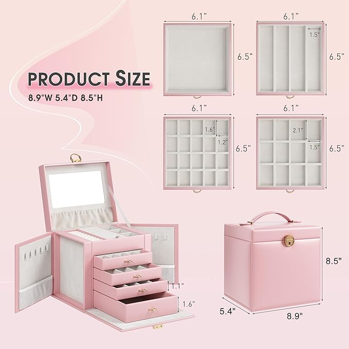 5-Layer Jewelry Box with 4 Drawers, Huge Portable Jewelry Organizer with Lock and Mirror for Women, for Necklace Ring Earring Bracelet Storage, Lockable Jewelry Case, Pink
