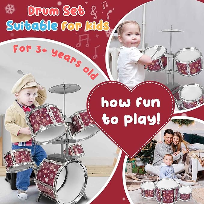 Kids Drum Set for Toddlers 1-3 Musical Jazz Drum with Stool Toys for 2-5 4-6 5-7 Boys Girls Birthday, Red