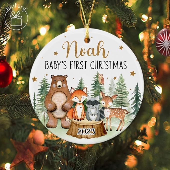 Unifury Personalized Baby First Christmas Ornament 2024, Adorable Keepsake for Babies First Christmas Tree, Holiday Decor for Celebrating Ceramic Babys 1st Christmas Ornament 2024, Woodland Animal