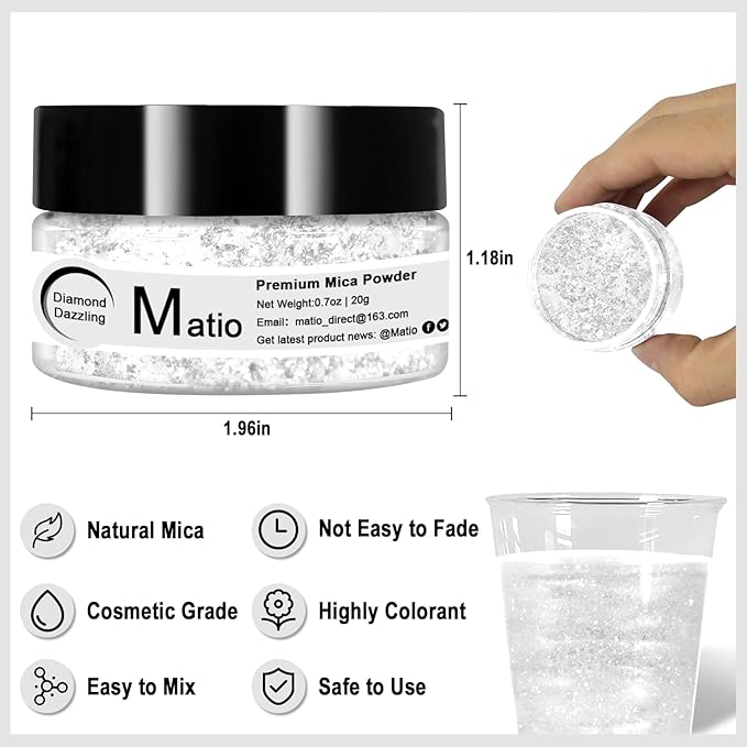 Matio White Glitter Mica Powder, 0.7oz/20g Premium Resin Glitter Powder Natural Epoxy Resin Color Pigment for Candle Making, Bath Bombs, DIY Crafts, Lip Gloss, Hair, Nail Art（Diamond Dazzling）
