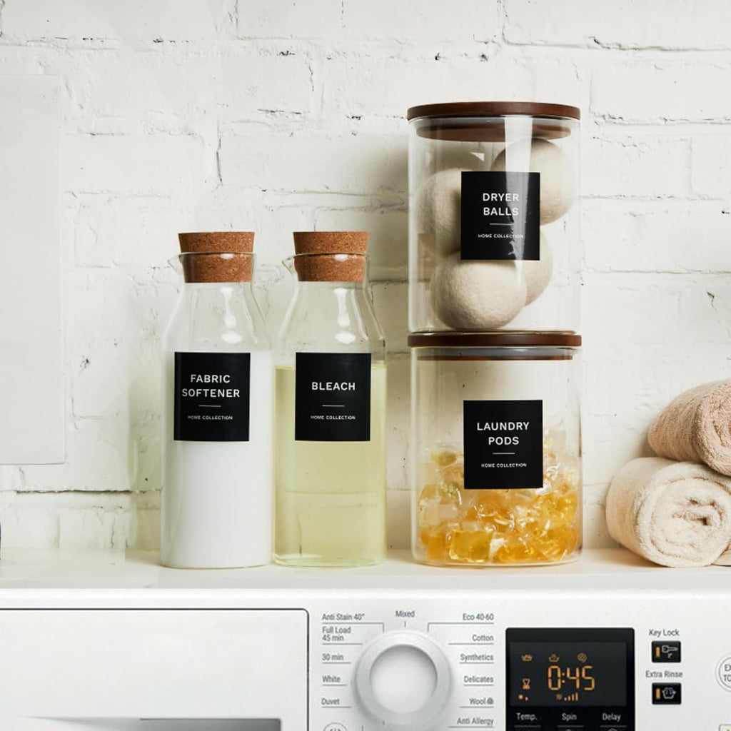 Glass Laundry Storage Containers with Acacia Lids and Scoops, 2 Pack Laundry Room Organization Jars with Labels, Powder Detergent Organizer and Laundry Pod Holder, Glass Laundry Beads Canisters Set