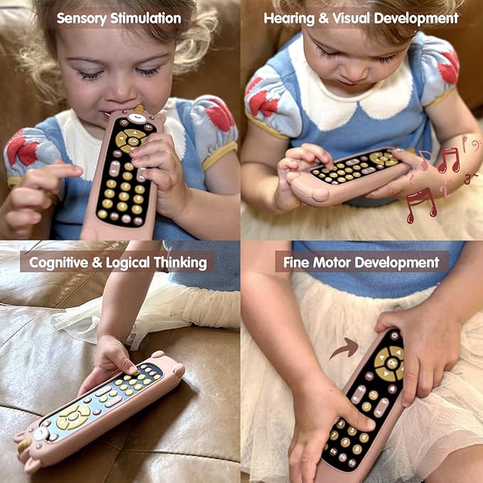Nueplay Baby TV Remote Control Toy with Silicone Teether Cover, Toddler Realistic Controller, Early Number Learning in 3 Languages (English, Spanish & French), Preschool Girls Toys 6, 12, 18 Months