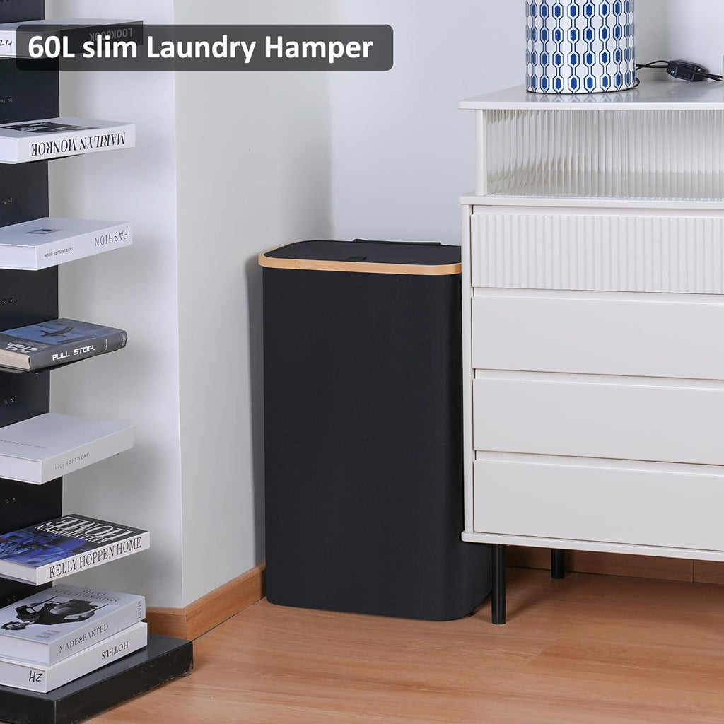 60L Slim Laundry Hamper,Laundry Basket with Lid,Tall Hamper for Laundry,Dirty Cloth Hamper with Bamboo Handle for Toys,Towels, Clothes Organizing,Black