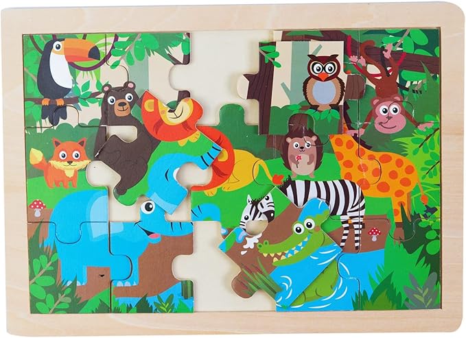 Animals Wooden Jigsaw Puzzle for Kids Set of 2 - African Wildlife and Farm Animals（15 pcs） Preschool Educational Learning Toys Gift for Toddlers Boys and Girls