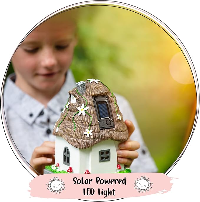 WILD PIXY Fairy Garden House - Glow in The Dark Fairy Cottage with Opening Door and Solar LED Light, Beautiful Miniature Garden Decoration for Indoor or Outdoor Fairy Gardens - 7.1" Fairy House